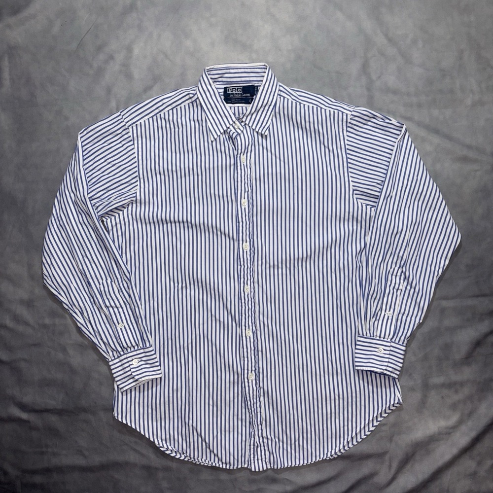 Vintage Polo Ralph Lauren Stripe Blue White Men Dress Shirt 15.5-33 Made In USA